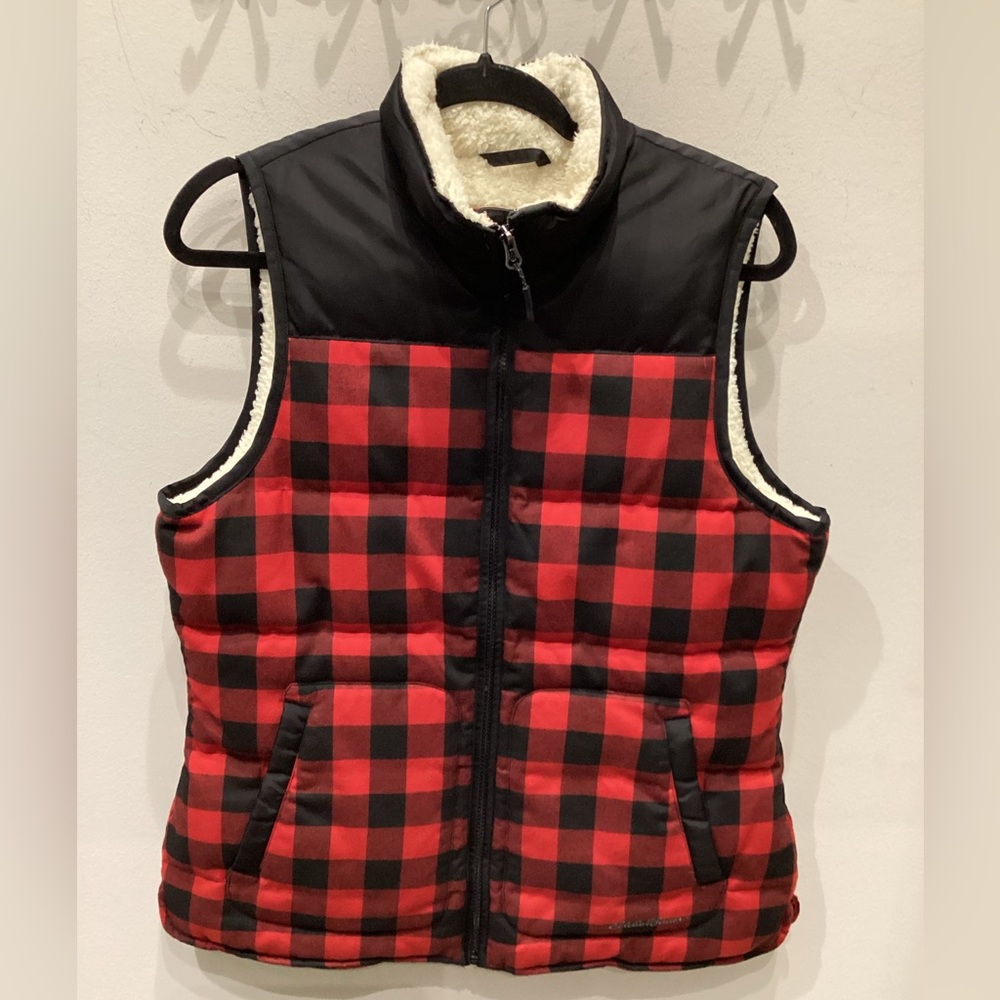 Eddie Bauer Red and Black Plaid Fleece Jacket